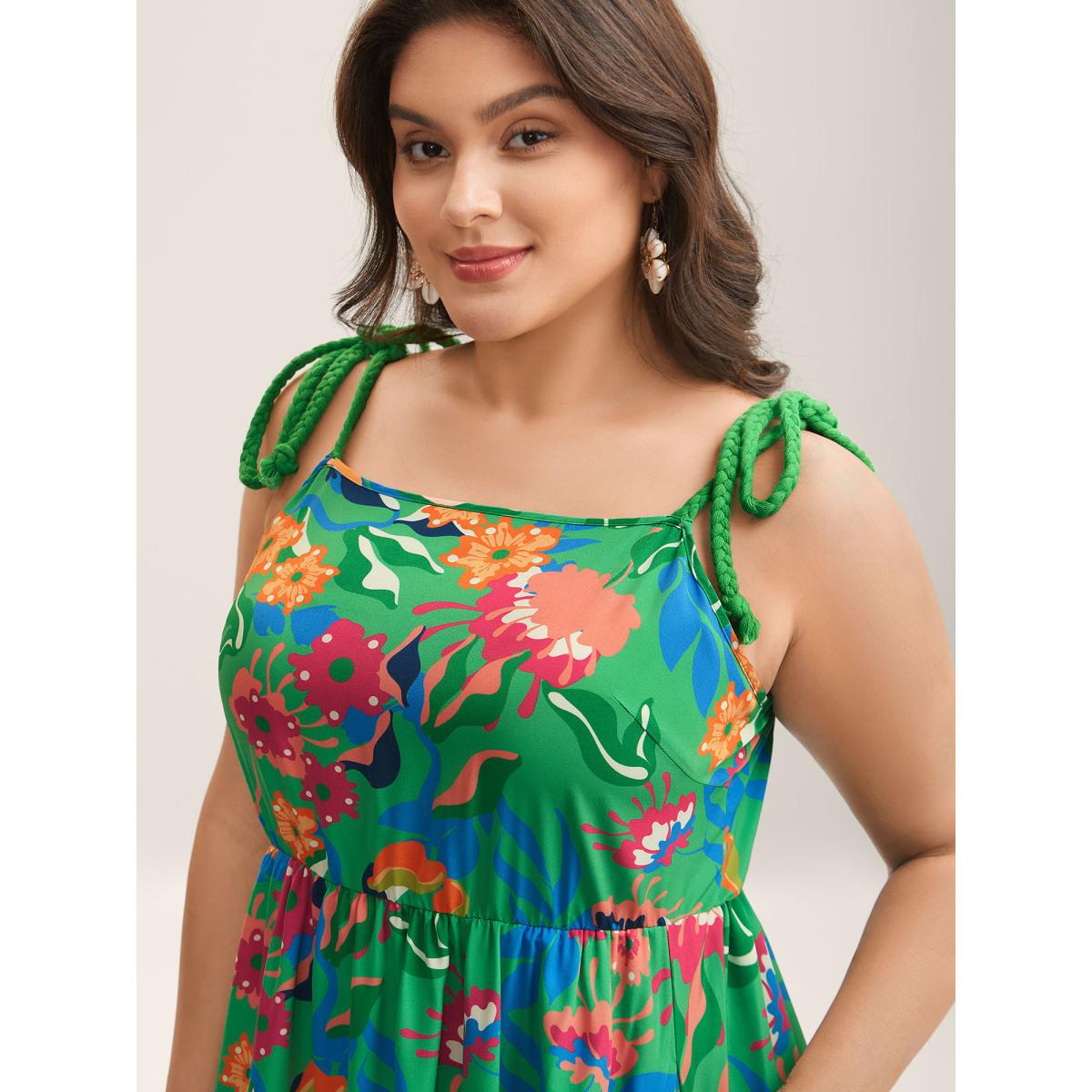 Plus Size Floral Print Braided Shoulder Straps Midi Dress Truegreen Women Non Sleeveless Curvy BloomChic 18-20/2X Product Image