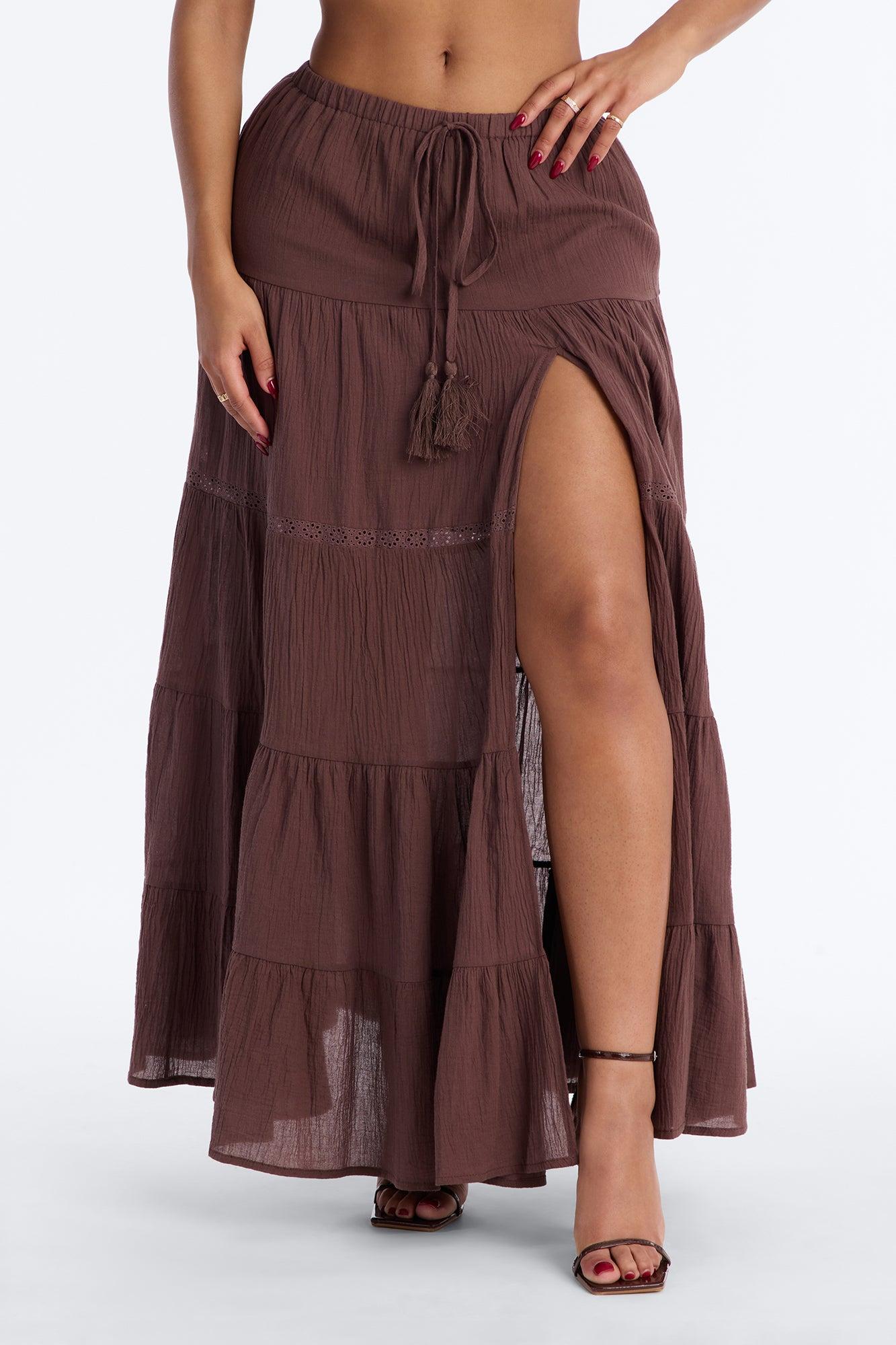 Bohemian High Slit Tiered Gauze Maxi Skirt - Brown Female Product Image