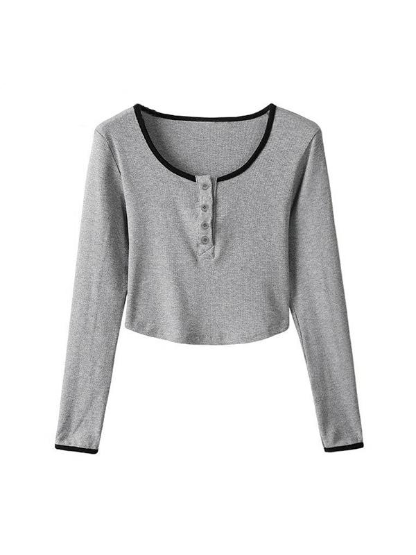 Contrast Color Trim Breasted Curvy Hem Long Sleeve Knit Product Image