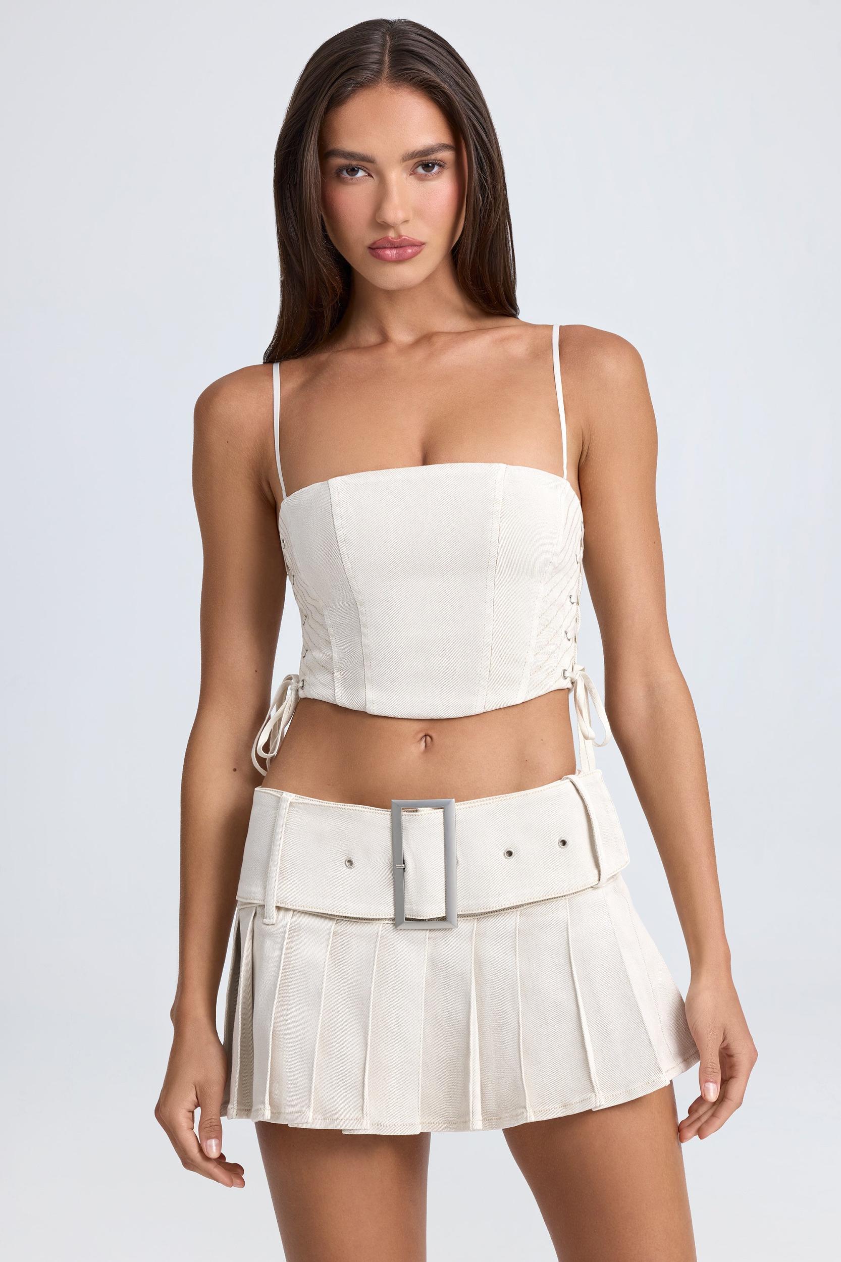 Belted Pleated Low-Rise Micro Mini Skirt in Ecru Product Image