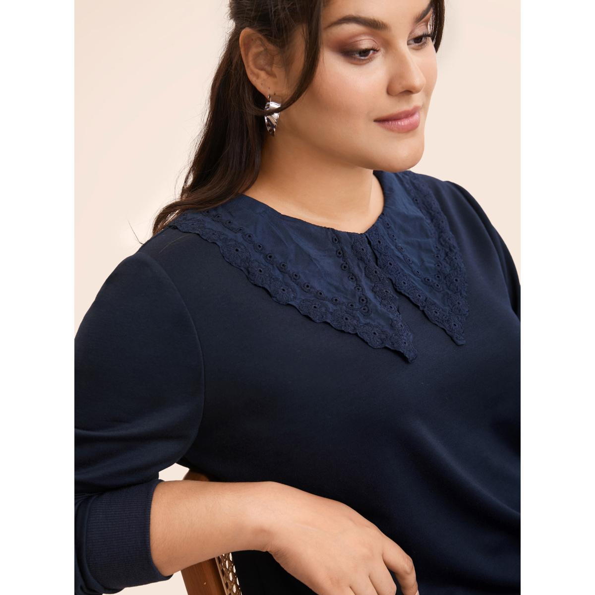 Plus Size Solid Peter Pan Collar Patchwork Sweatshirt Women Indigo Leisure Patchwork Peter Pan collar Casual Sweatshirts BloomChic 30/6X Product Image