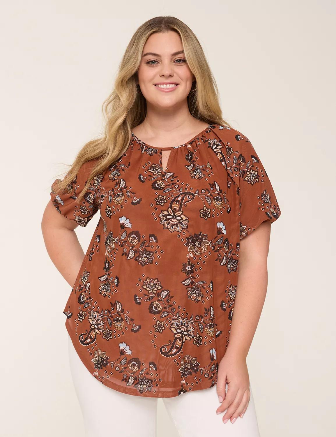 Bubble-Sleeve Notch-Neck Top Product Image