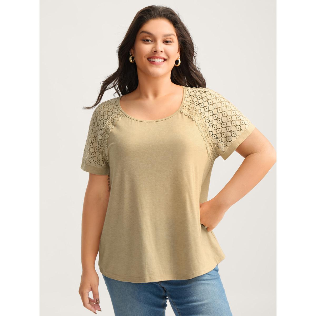 Plus Size Sheer Lace Sleeve Spliced Solid T-Shirt Champagne Women Woven ribbon&lace trim Round Neck Everyday-Casual T-shirts BloomChic 30/6X Product Image