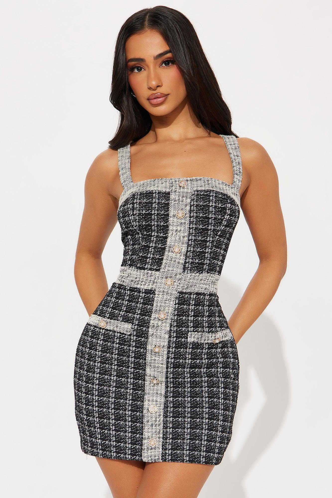 Elle Stretch Tweed Micro Mini Dress - Black Product Image