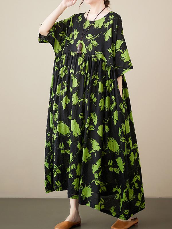 Loose Floral Pleated Round-Neck Midi Dresses Product Image