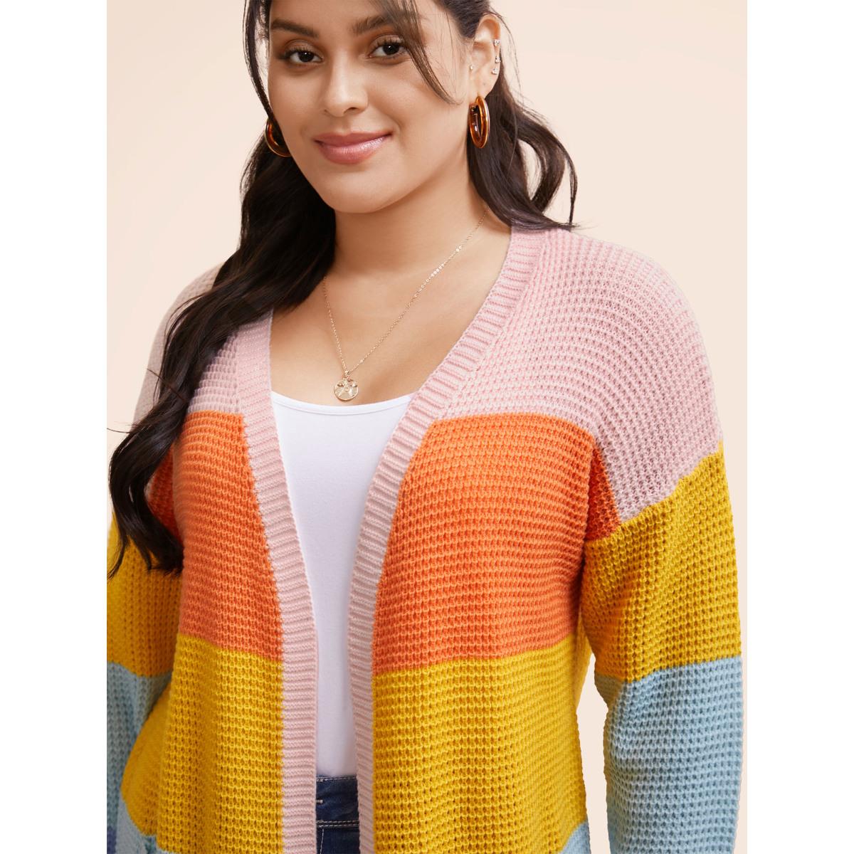 Plus Size Colorblock Contrast Drop Shoulder Pocket Cardigan Multicolor Women Casual Loose Long Sleeve Everyday Cardigans BloomChic 26/4X Product Image