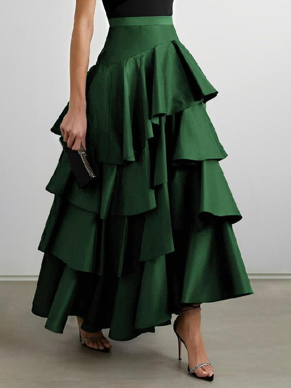 A-Line High Waisted Falbala Solid Color Long Skirts Skirts Bottoms Product Image