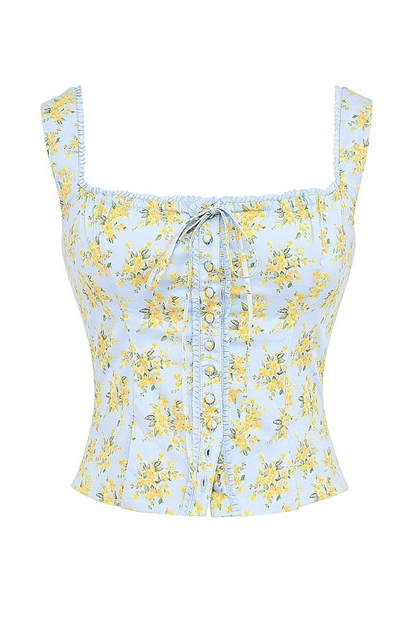 Cora  soft blue vintage floral print cotton midi skirt - sale Product Image