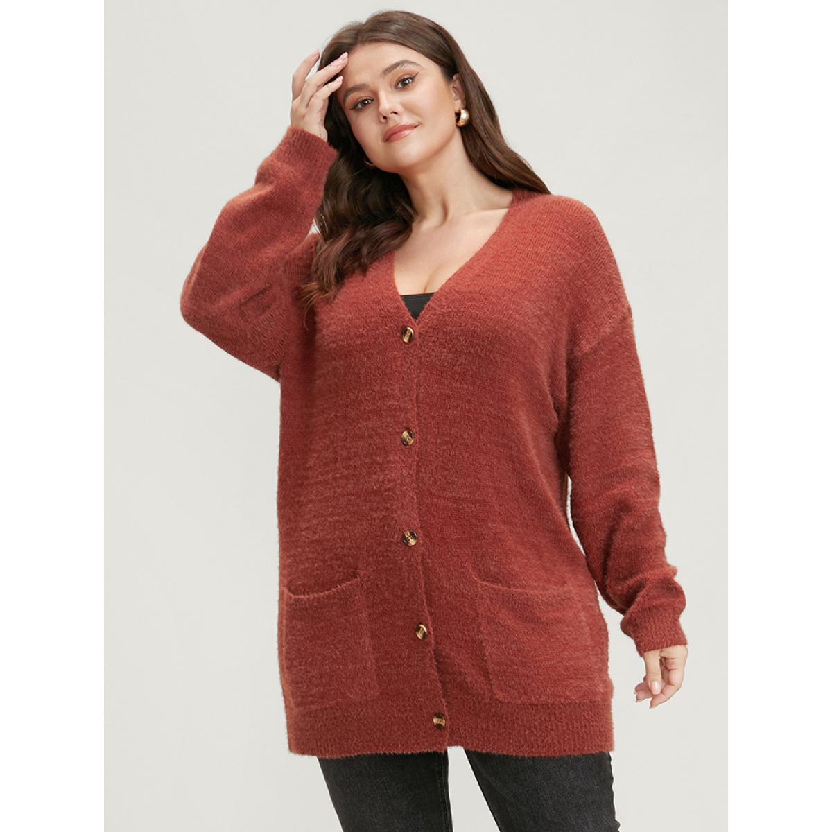Plus Size Solid Pointelle Knit Pocket Button Front Heather Cardigan Maroon Women Casual Loose Long Sleeve Dailywear Cardigans BloomChic 18-20/2X Product Image