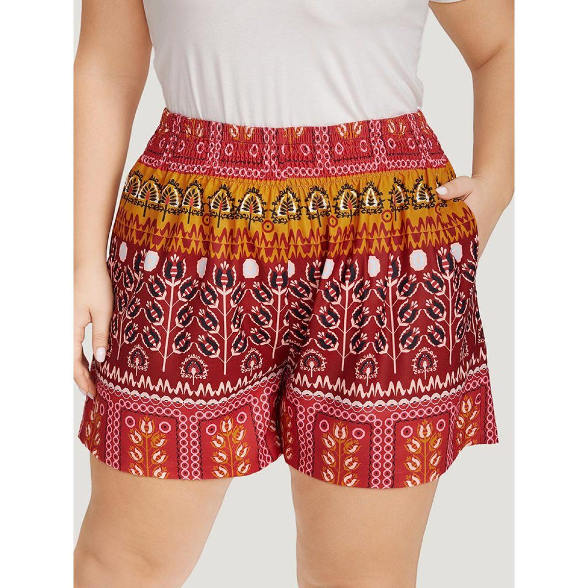 Plus Size Boho Print Pocket Elastic Waist Shorts Women Multicolor Vacation Shirred Dailywear Shorts BloomChic 30/6X Product Image