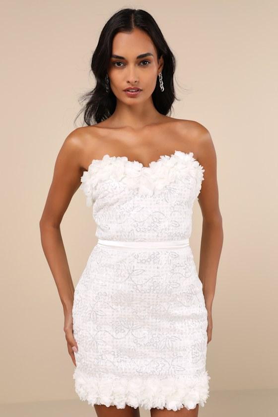 Ideal Party White Sequin Strapless 3D Floral Mini Dress Product Image