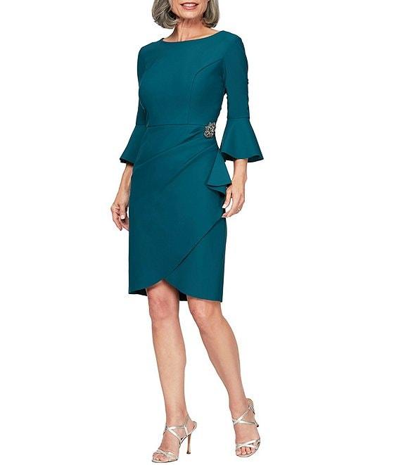 Alex Evenings Scuba Crepe Round Neck 3/4 Bell Sleeve Embellished Brooch Cascade Ruffle Compression Sheath Dress Product Image