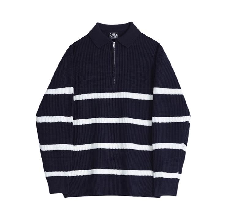 RT No. 11527 KNIT STRIP POLO ZIP-UP SWEATER Product Image