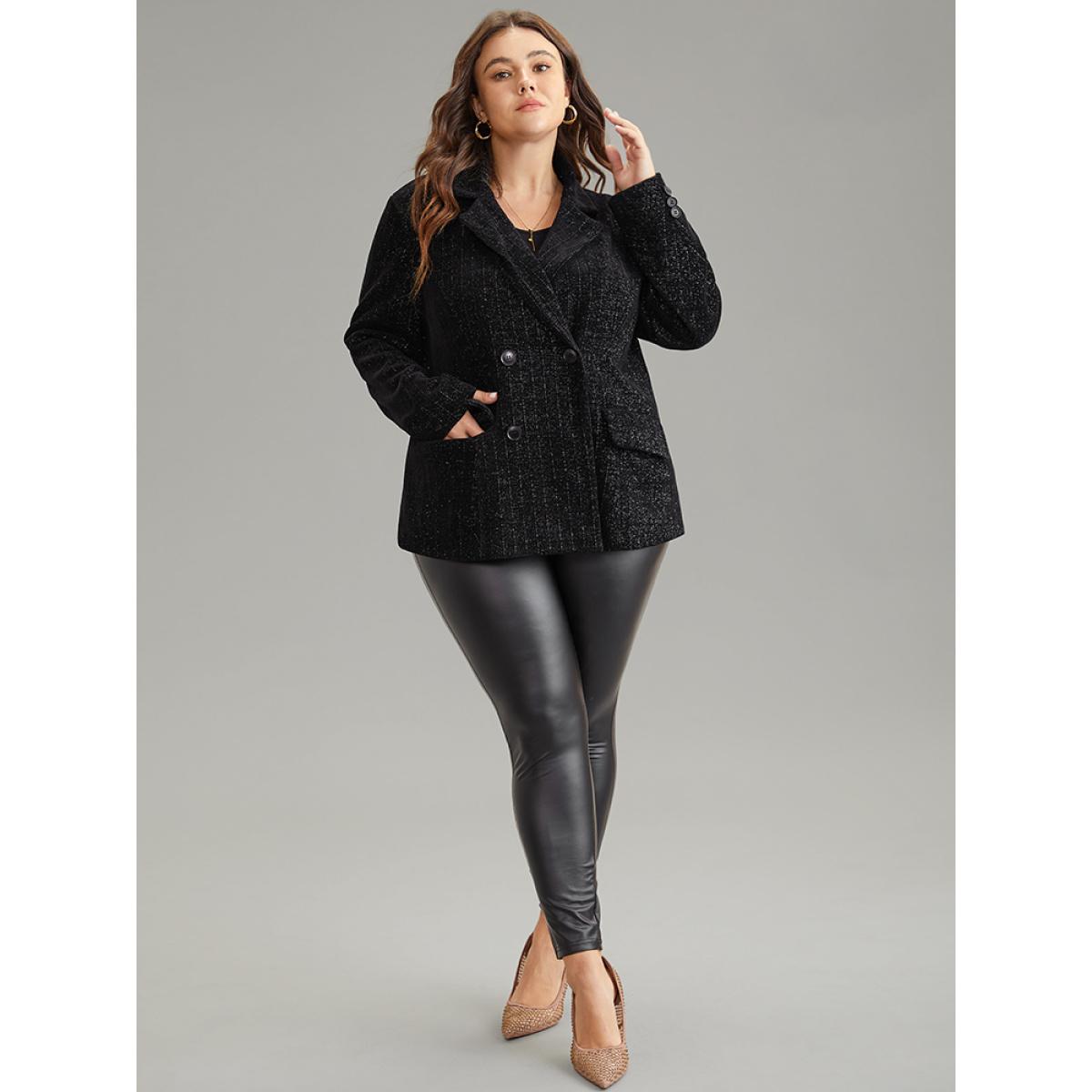 Plus Size Lurex Double Breasted Patched Pocket Blazer Black Women Dailywear Plain Velvet Sleeve Long Sleeve Suit Collar 14-16/1X Pocket Glamour Blazers BloomChic Product Image