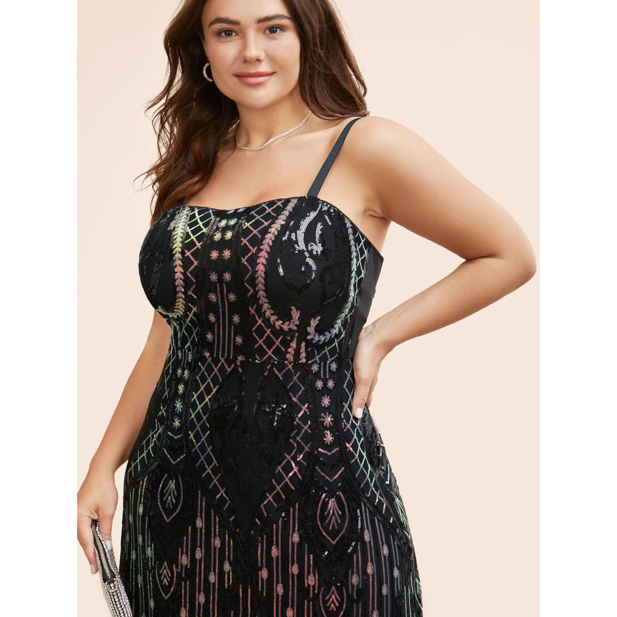 Plus Size Geometric Sequin Split Hem Cami Dress Black Women Cocktail Texture Non Sleeveless Curvy BloomChic 18-20/2X Product Image
