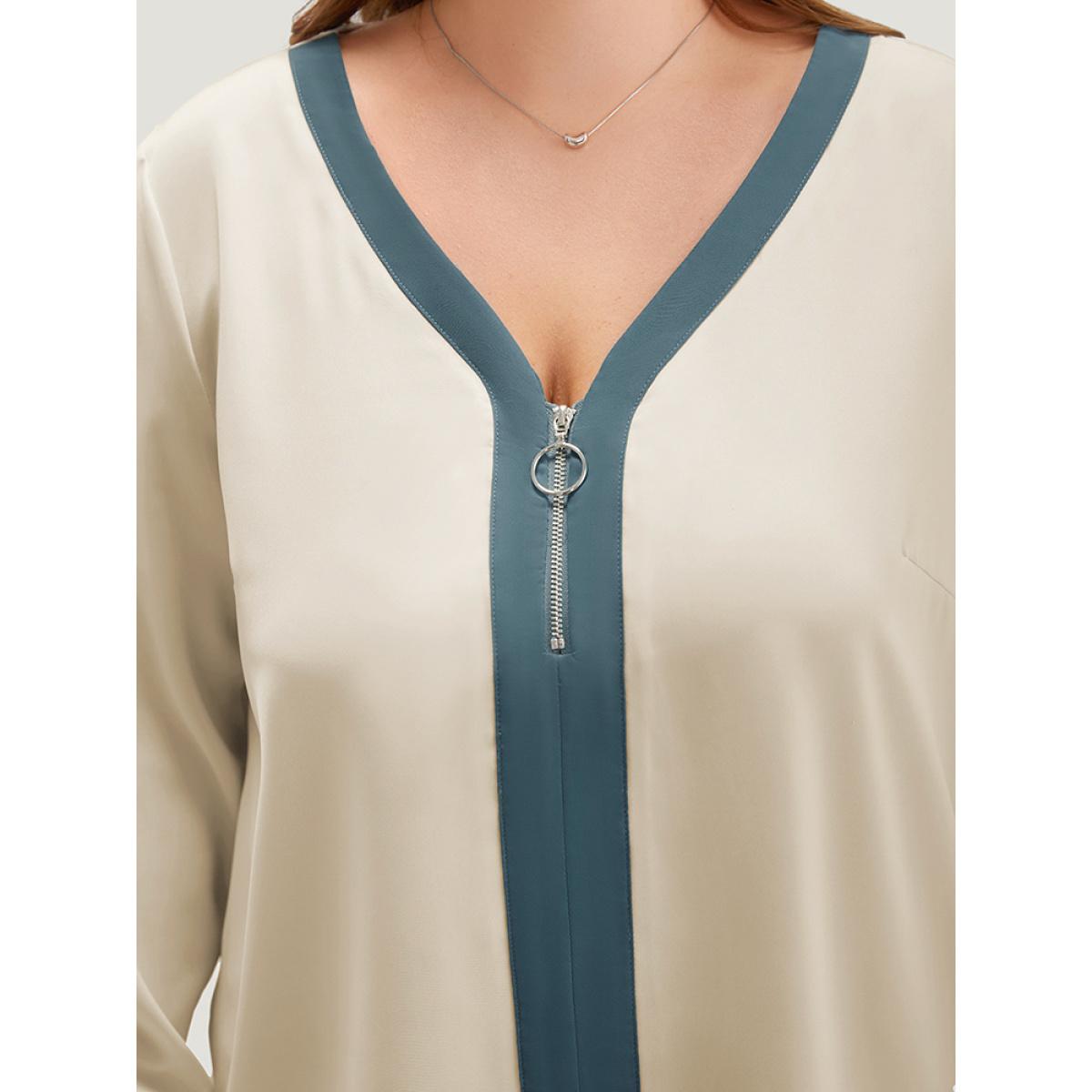 Plus Size Ivory Anti-Wrinkle Half Zip Gathered Contrast Trim Blouse Women Office Long Sleeve V-neck Work Blouses BloomChic 14-16/1X Product Image