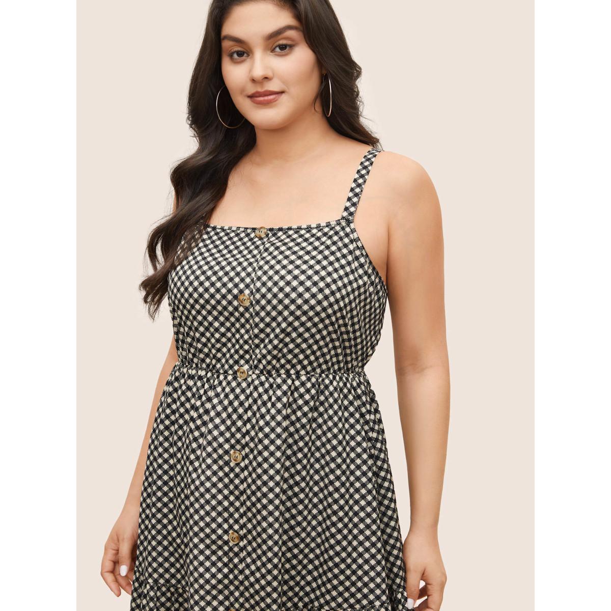 Plus Size Gingham Button Detail Patchwork Cami Dress Black Women Casual Non Non Sleeveless Curvy Midi Dress BloomChic 10/M Product Image
