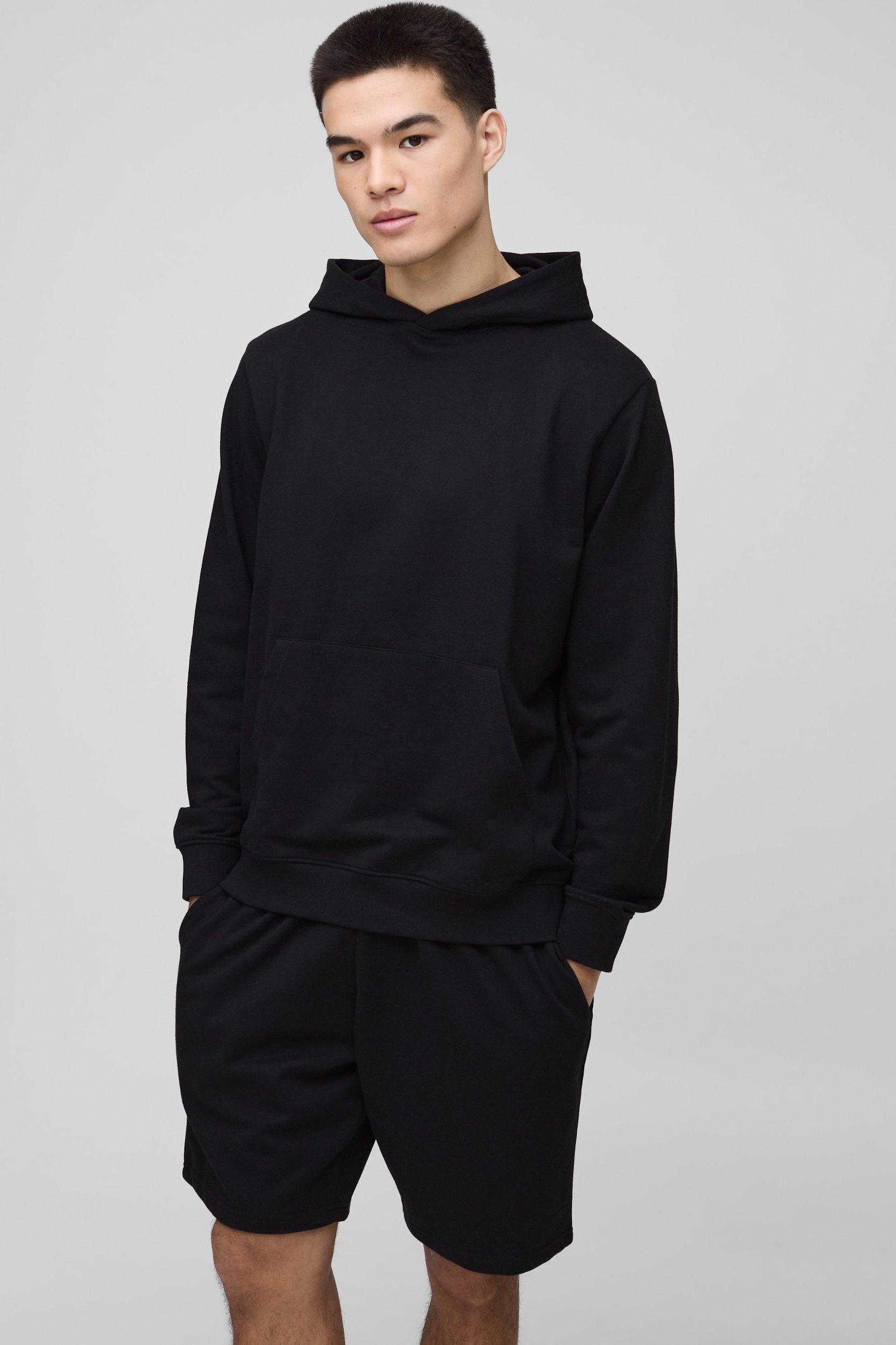 260GSM Loopback Basic Regular Fit Over The Head Hoodie and Relaxed Jersey Short Set | boohooMAN USA Product Image