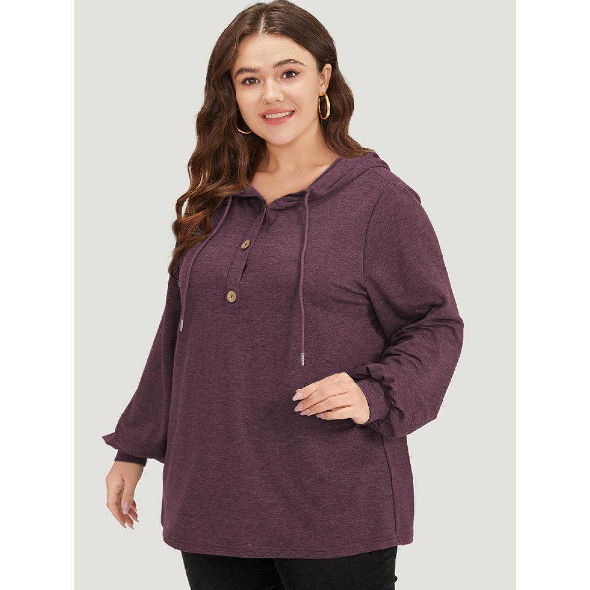 Plus Size Plain Drawstring Button Up Hooded Elastic Cuffs Sweatshirt Women Burgundy Casual Elastic cuffs Hooded Dailywear Sweatshirts BloomChic 14-16/1X Product Image