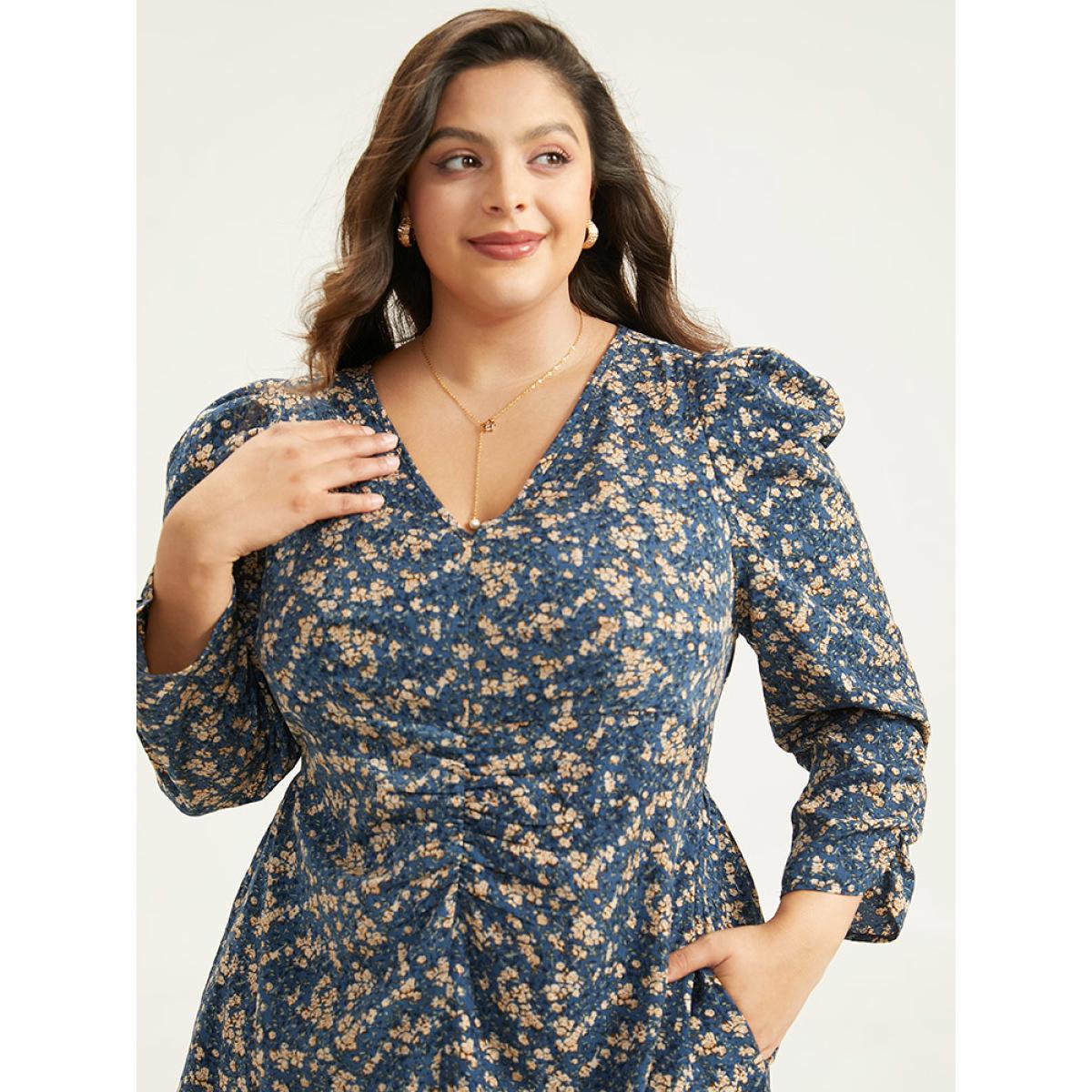 Plus Size Ditsy Floral Ruched Puff Sleeve Dress Aegean Women Elegant Printed V-neck Elbow-length sleeve Curvy Midi Dress BloomChic 28/5X Product Image