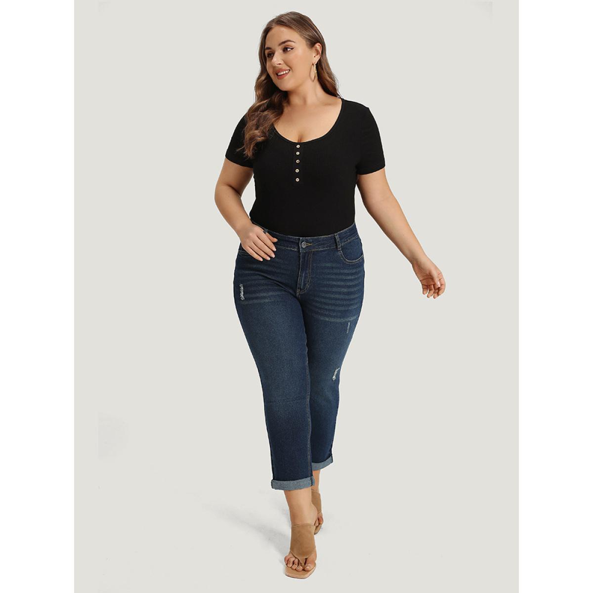 Plus Size Solid Ripped Pocket Roll Hem Jeans Women Midnight Casual Plain Plain High stretch Pocket Jeans BloomChic 16/1X Product Image