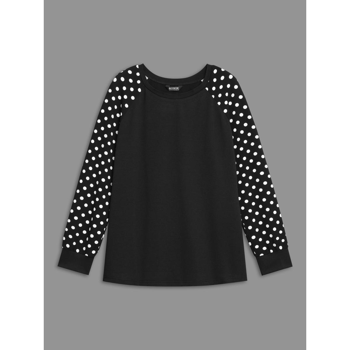 Plus Size Polka Dot Patchwork Raglan Sleeve Sweatshirt Women Black Casual Contrast Loose Round Neck Everyday Sweatshirts BloomChic 18-20/2X Product Image