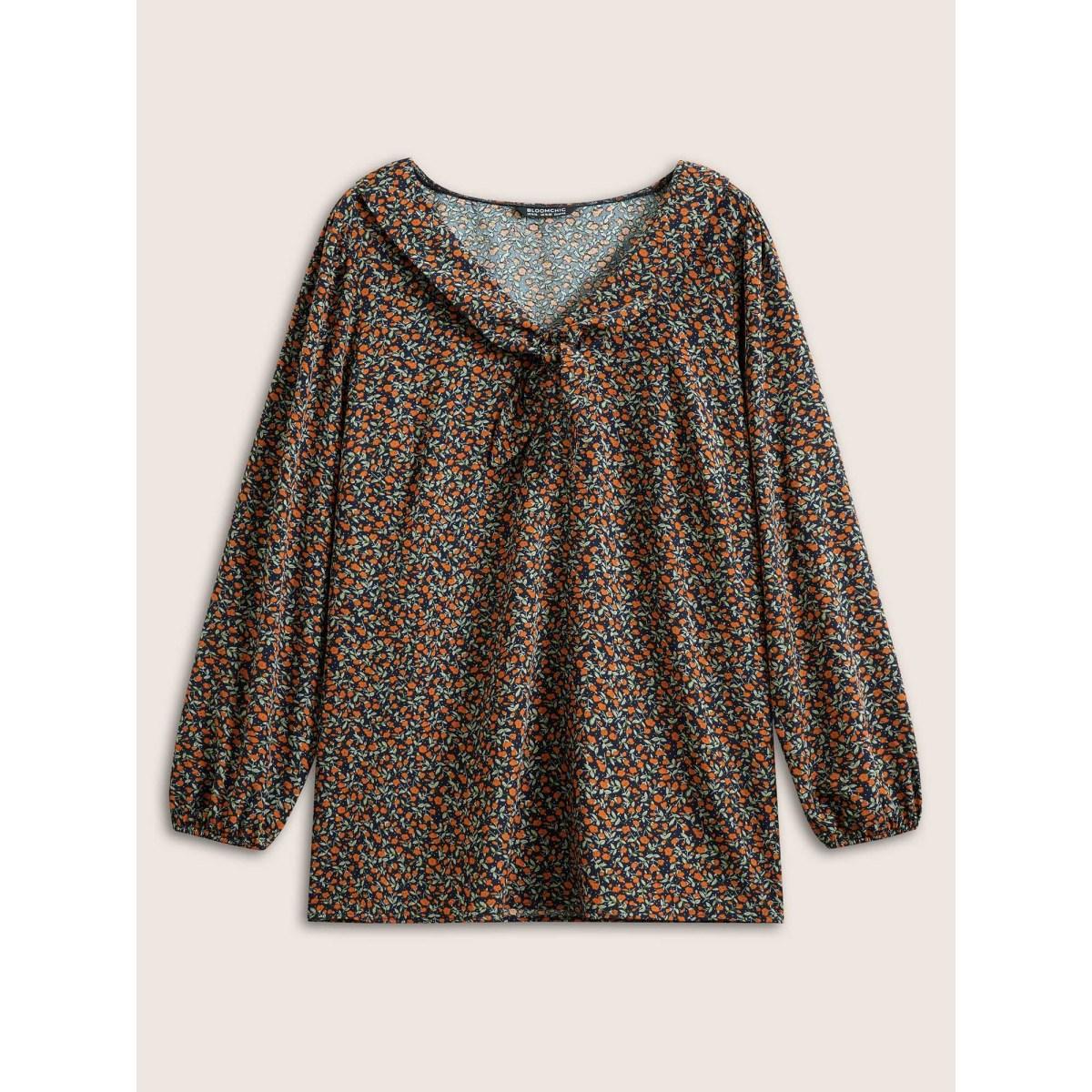 Plus Size Indigo Ditsy Floral Ties Elastic Cuffs Blouse Women Elegant Long Sleeve V-neck Everyday Blouses BloomChic 12/L Product Image