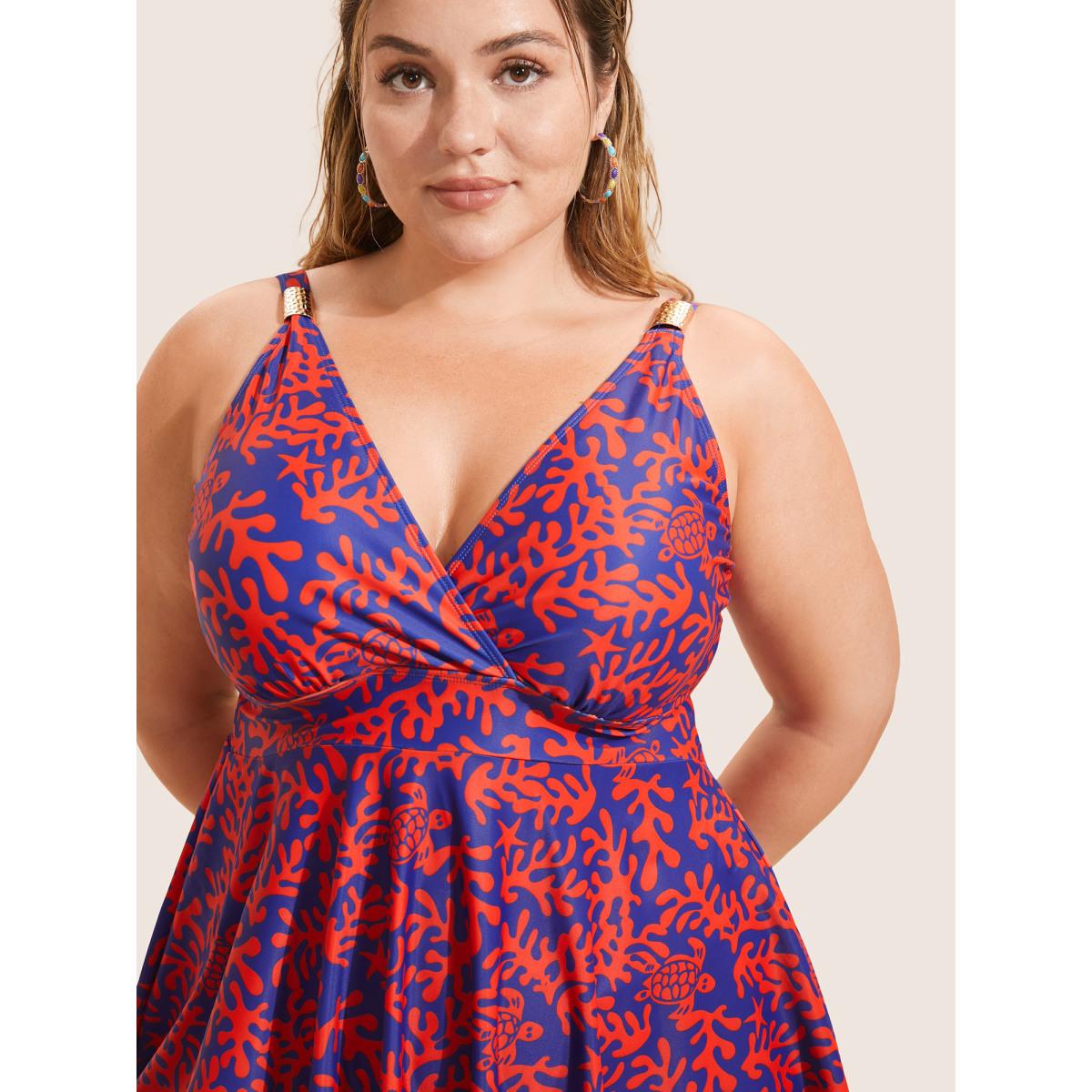 Plus Size Tropical Wrap Bodycon Cami Swim Dress Women's Swimwear DarkBlue Beach Bodycon V-neck High stretch Curve Swim Dresses BloomChic 10/M Product Image
