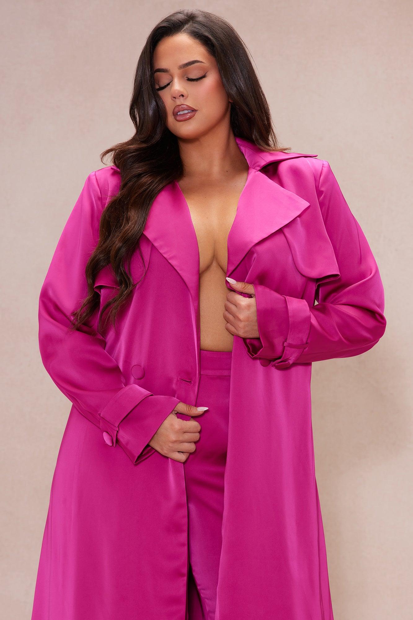 Gabriella Satin Trench Coat And Pant Set - Hot Pink Product Image