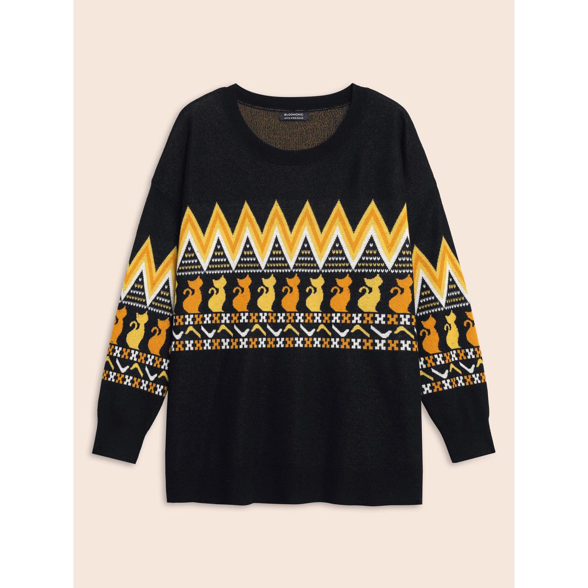 Plus Size Cat Printed Jacquard Fair Isle Pullover Black Women Casual Long Sleeve Round Neck Everyday Pullovers BloomChic 18-20/2X Product Image