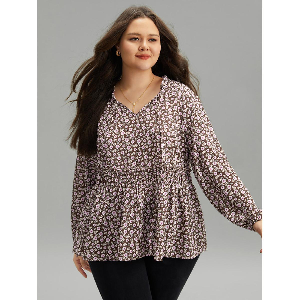 Plus Size DarkBrown Ditsy Floral Knot Neck Gathered Blouse Women Elegant Long Sleeve Tie Neck Dailywear Blouses BloomChic 12/L Product Image