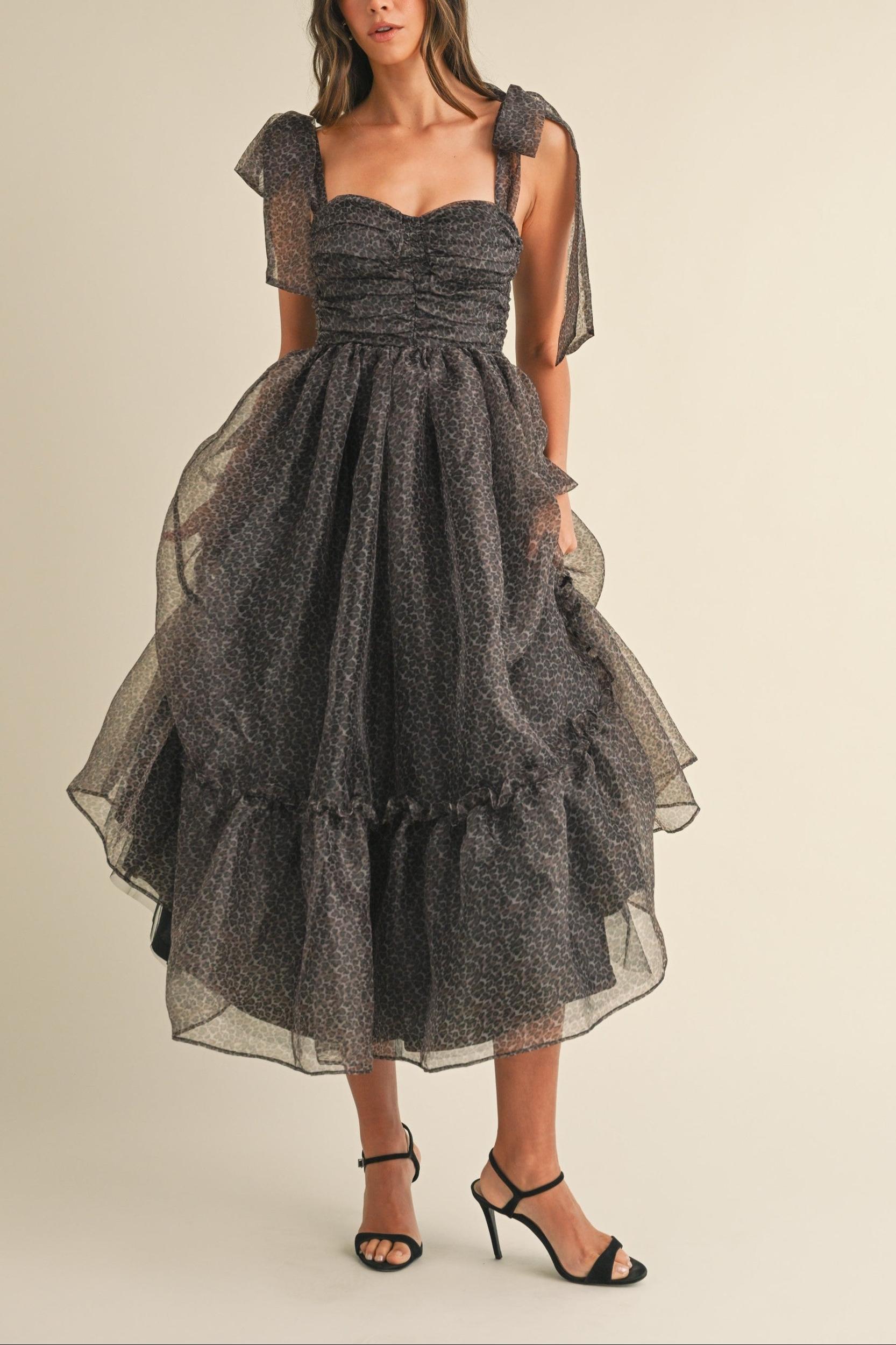 Leopard Print Tie Shoulder Organza Maxi Dress Product Image