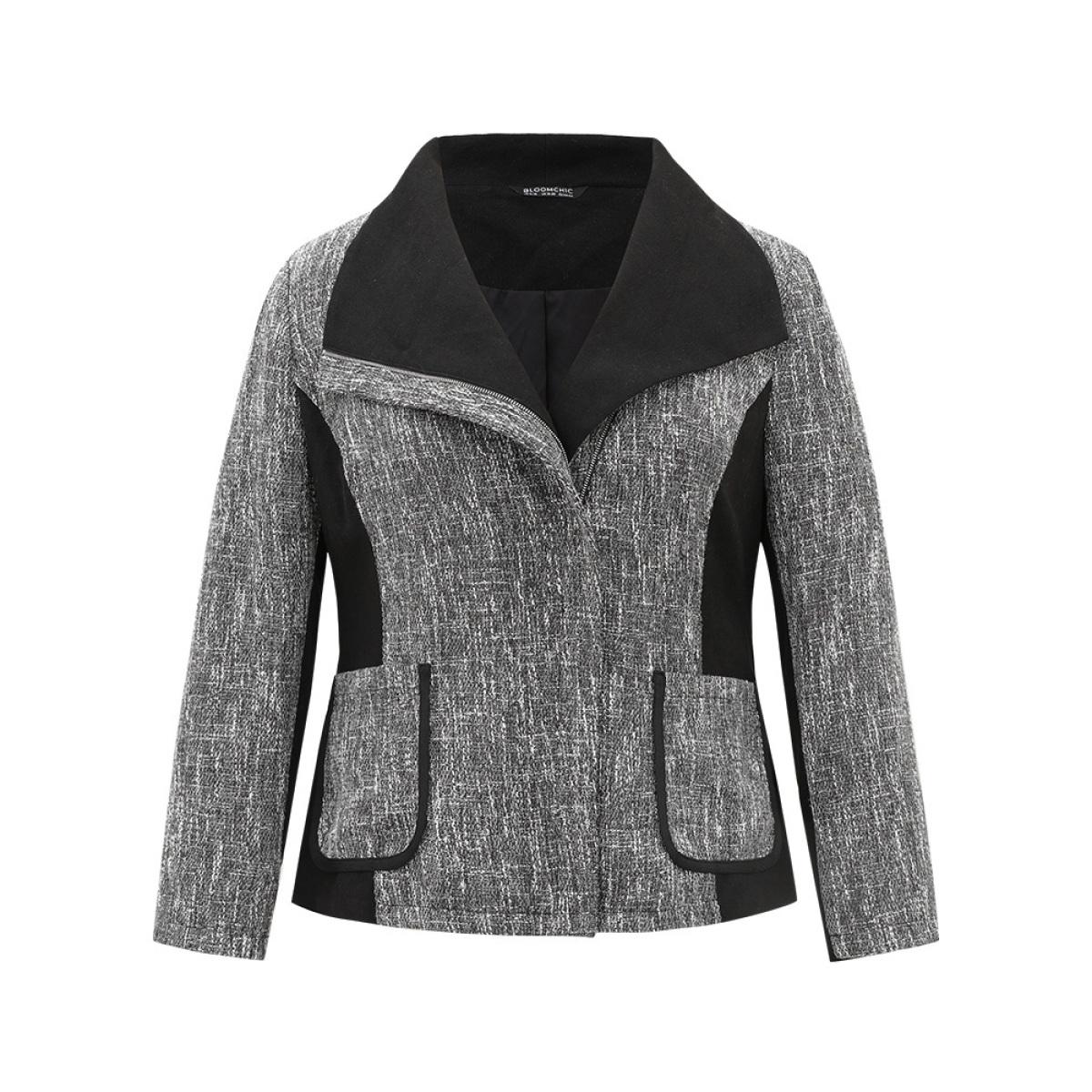 Plus Size Contrast Patchwork Zipper Lapel Collar Tweed Coat Women DimGray Casual Lined Ladies Dailywear Winter Coats BloomChic 30/6X Product Image