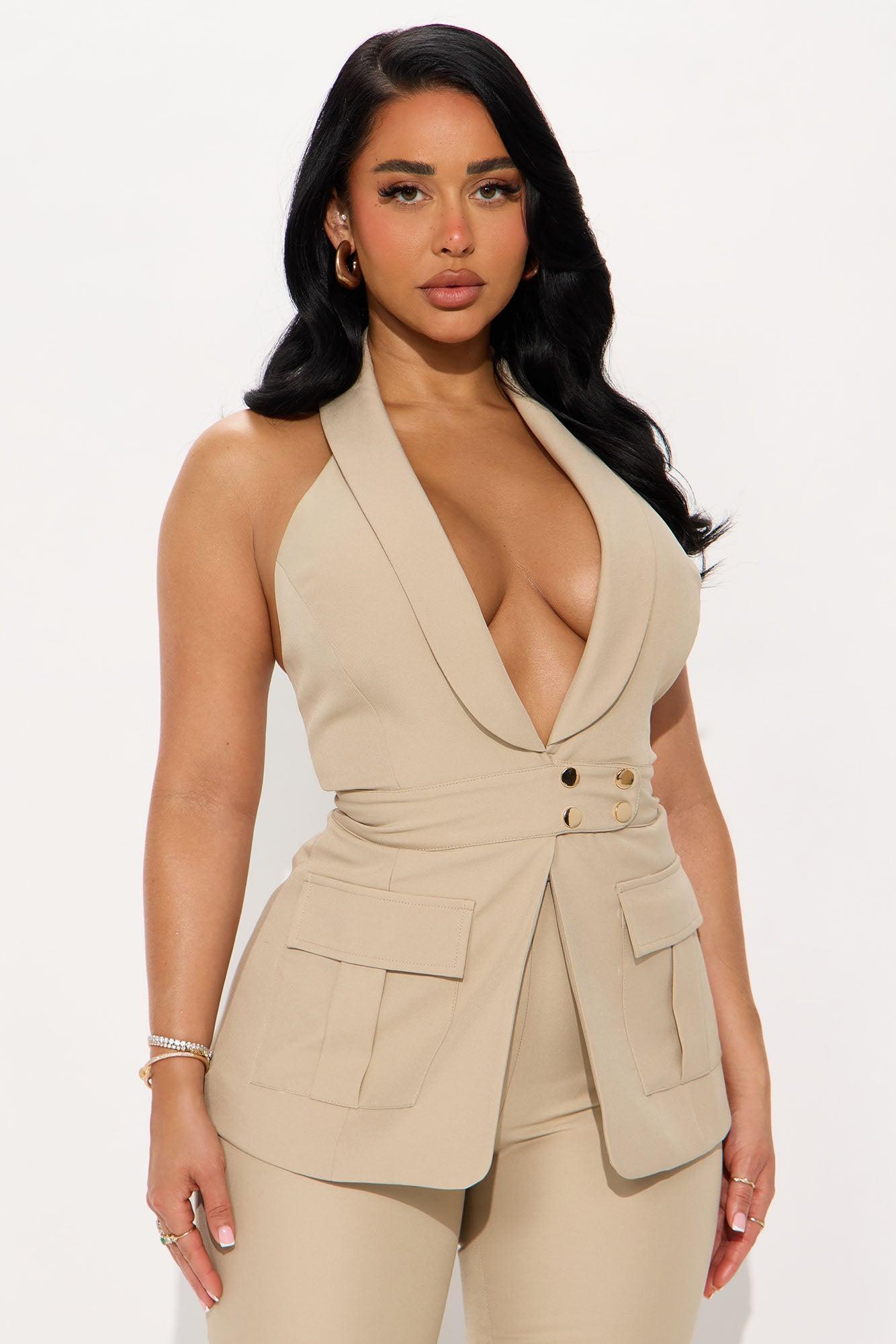 Power Status Office Halter Vest Pant Set - Taupe Female Product Image