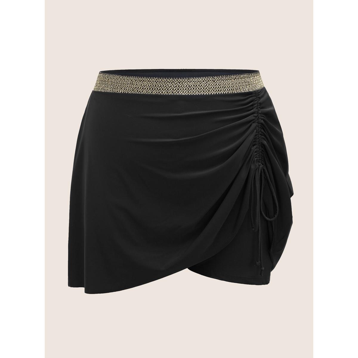 Plus Size Contrast Webbing Patchwork Drawstring Gathered Swim Bottom Women's Swimwear Black Beach Woven ribbon&lace trim High stretch Skinny High Rise Side seam pocket Curve Swim Bottoms BloomChic 26/4X Product Image