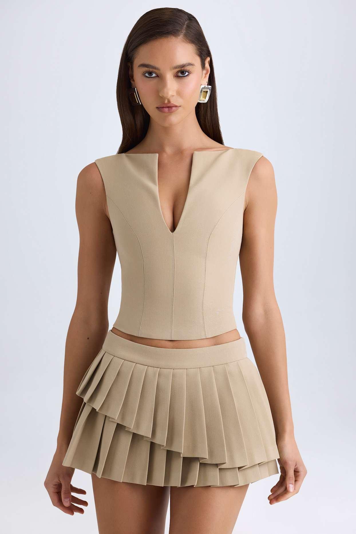 Layered Pleated Low-Rise Mini Skirt in Camel Product Image