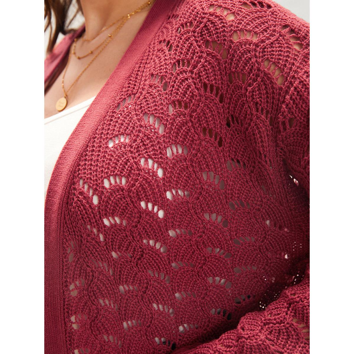 Plus Size Plain Pointelle Knit Cut Out Pocket Open Front Mid Long Cardigan Burgundy Women Casual Loose Long Sleeve Dailywear Cardigans BloomChic 22-24/3X Product Image