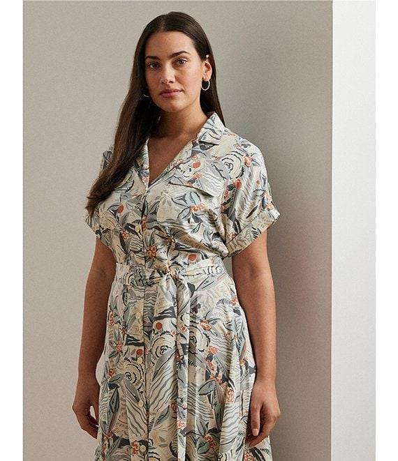 Lauren Ralph Lauren Plus Size Crepe de Chine Abstract Print Camp Collar Short Sleeve Belted Shirt Dress Product Image