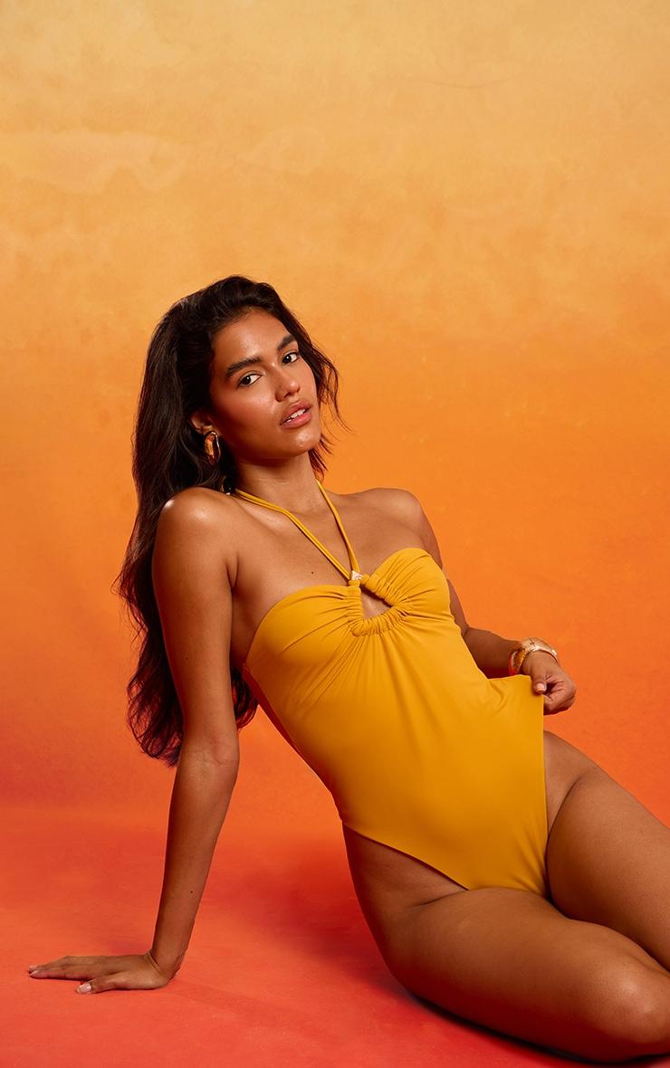 Mustard Triangle Trim Halter Neck Swimsuit Product Image