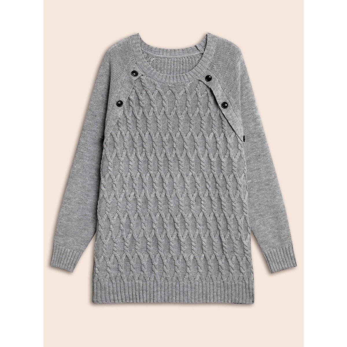 Plus Size Texture Cable Knit Button Detail Pullover Mediumgray Women Casual Loose Long Sleeve Round Neck Everyday Pullovers BloomChic 18-20/2X Product Image