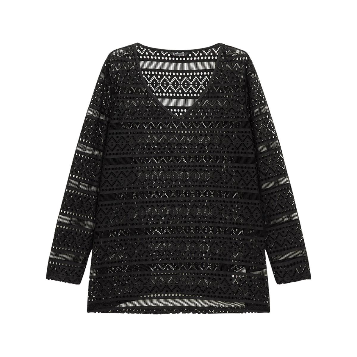 Plus Size Halloween Plain Geometric Eyelet V Neck T-shirt Black Women Casual Plain Plain V-neck Festival-Halloween T-shirts BloomChic 22-24/3X Product Image