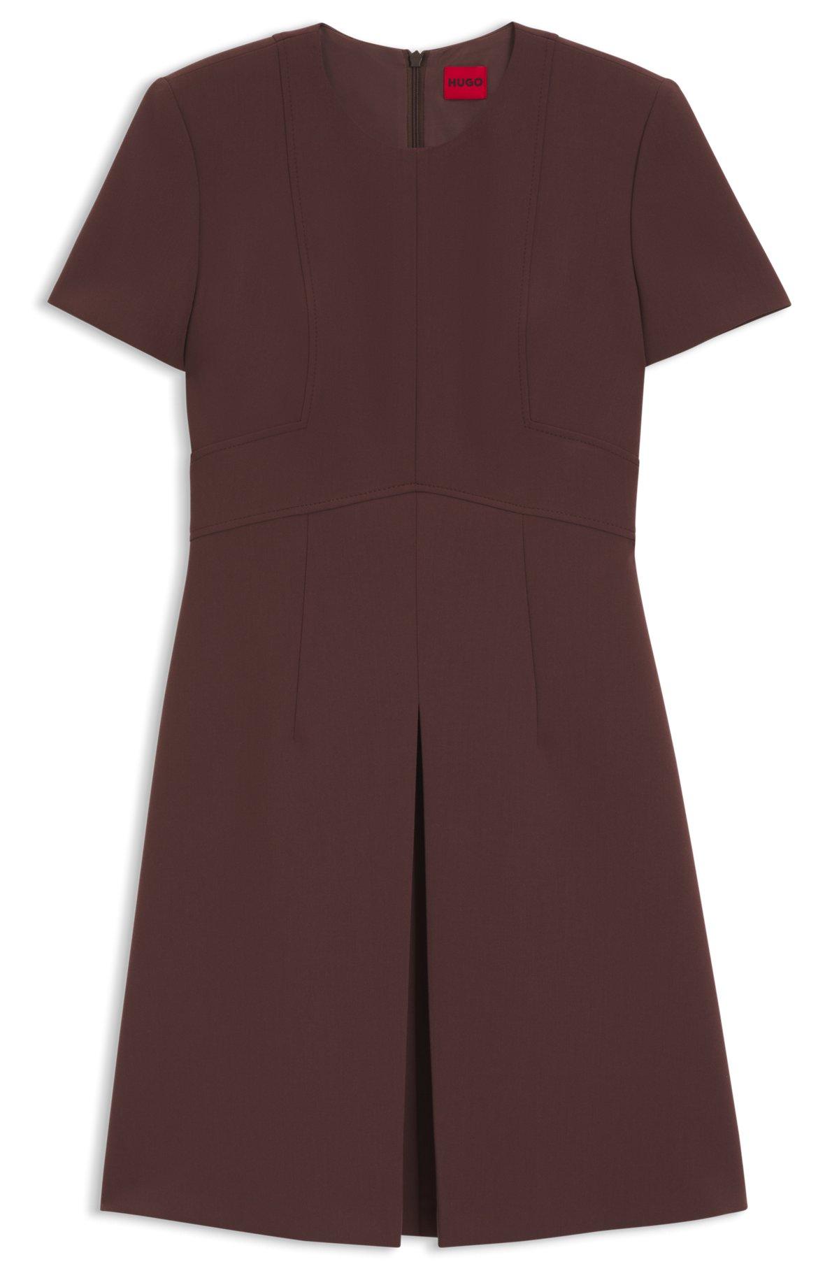 HUGO - Short-sleeved dress with pleat front - Dark Brown Product Image