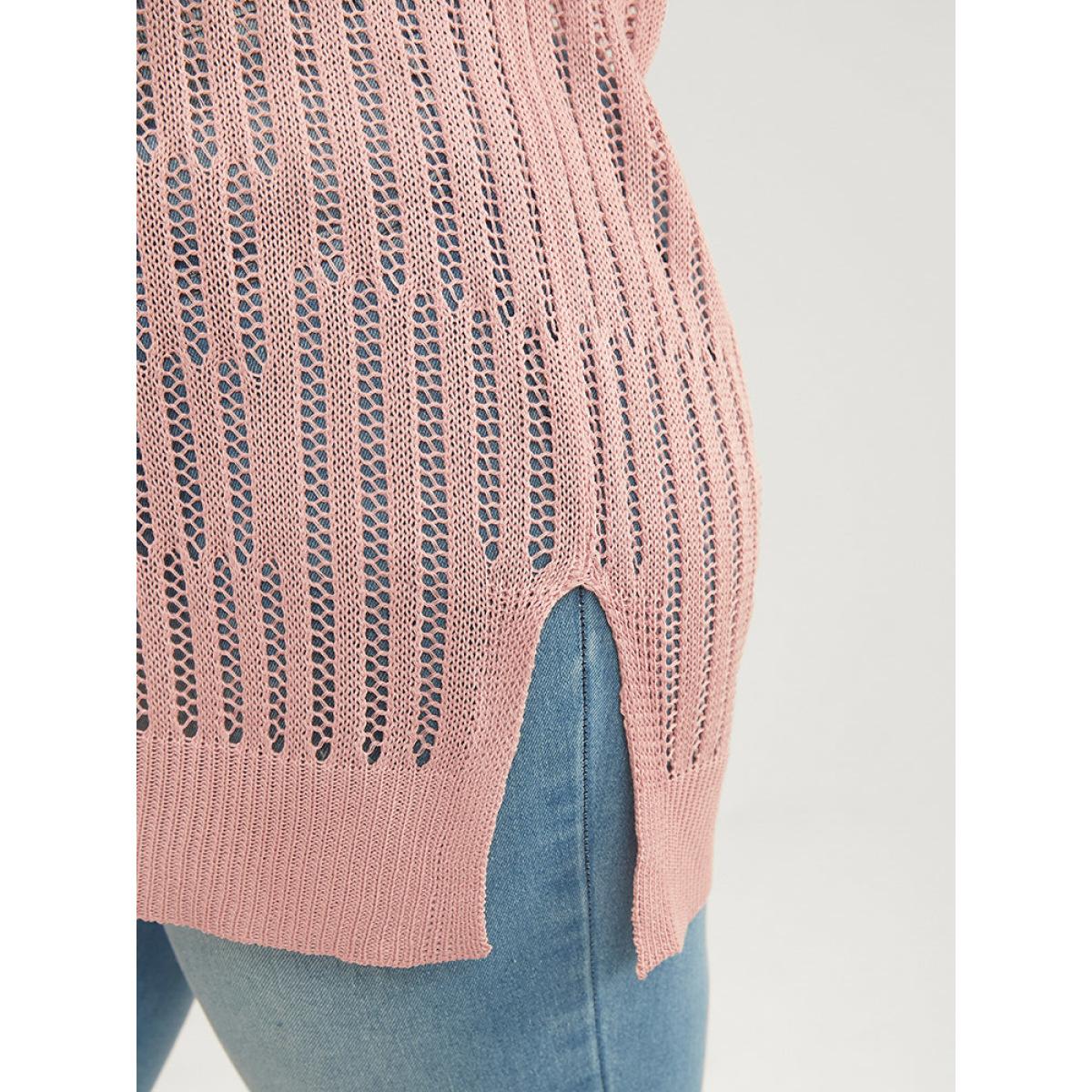 Plus Size Plain Vertical Striped Cut Out Split Hem Knit Top Coral Women Casual Sleeveless V-neck Dailywear Pullovers BloomChic 14-16/1X Product Image