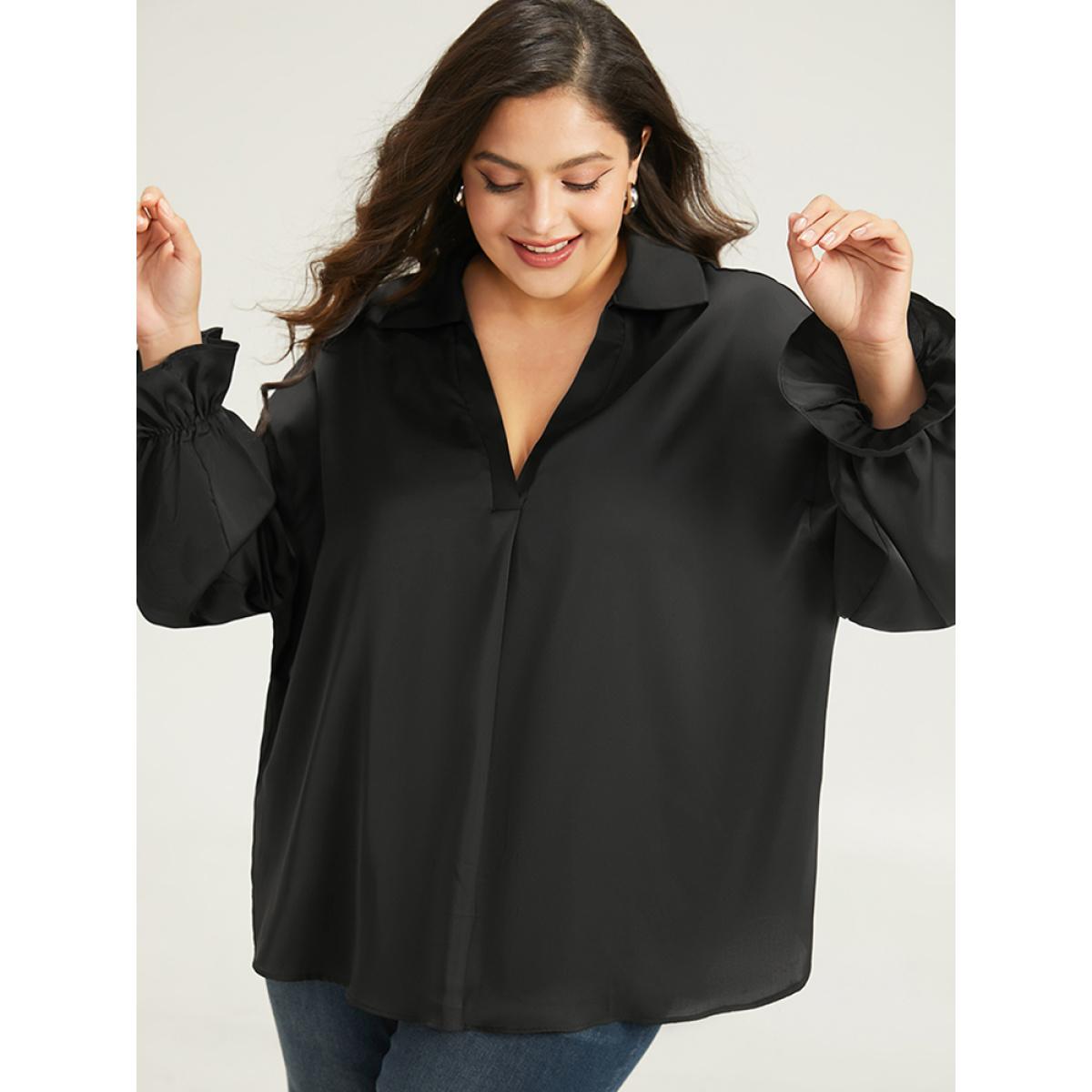 Plus Size Black Knot Pleated Lantern Sleeve Blouse Women Office Long Sleeve Shirt collar Work Blouses BloomChic 28/5X Product Image