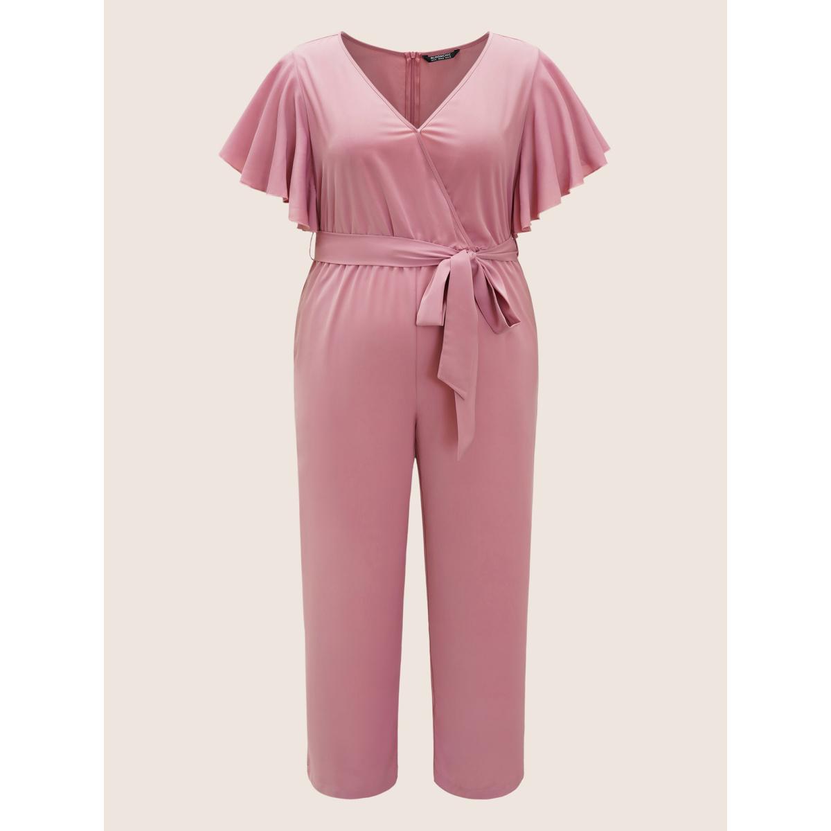 Plus Size Rouge Anti-Wrinkle Plain Belted Flutter Sleeve Zipper Jumpsuit Women Elegant Short sleeve Overlap Collar Everyday Loose Jumpsuits BloomChic 28/5X Product Image
