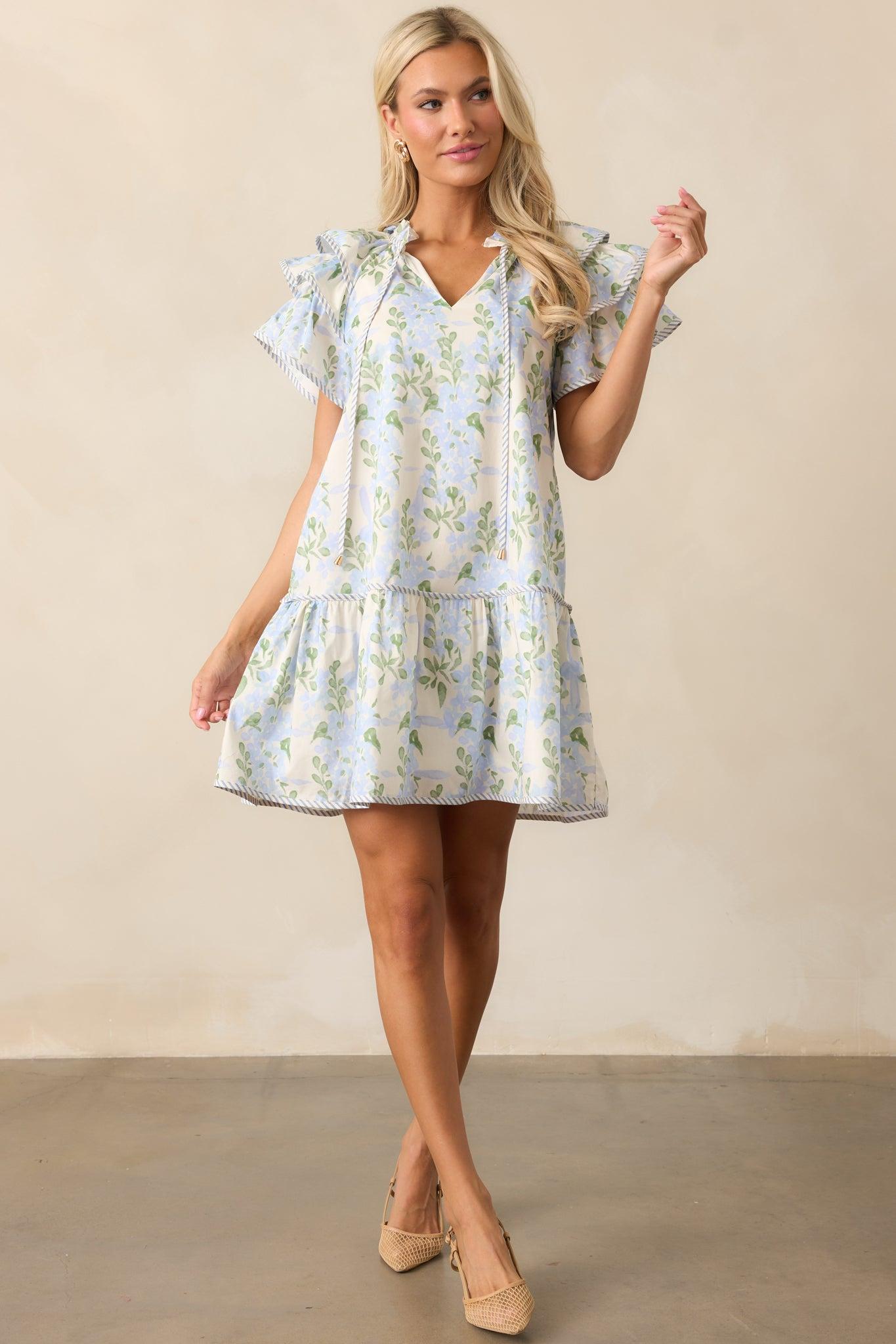 Garden Of Dreams Cotton Blue Flutter Sleeve Mini Dress Product Image