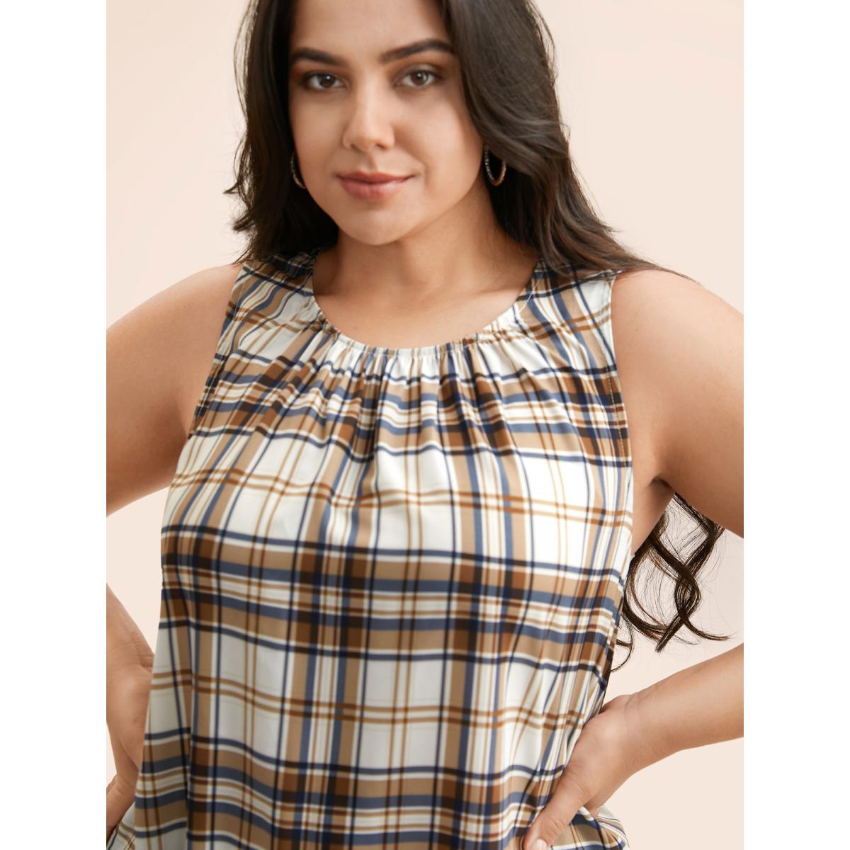 Plus Size Crew Neck Plaid Gathered Tank Top Women Multicolor Casual Gathered Ribbon-tied collar Everyday Tank Tops Camis BloomChic 18-20/2X Product Image