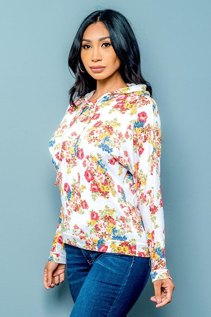 Soft Knit Floral Hoodie With Drawstrings Product Image