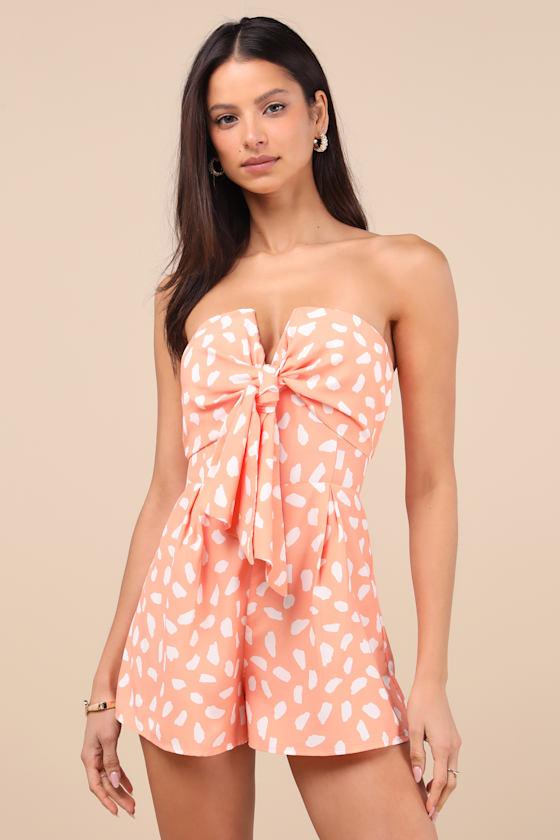 Inez Peach and White Print Tie-Front Romper Product Image