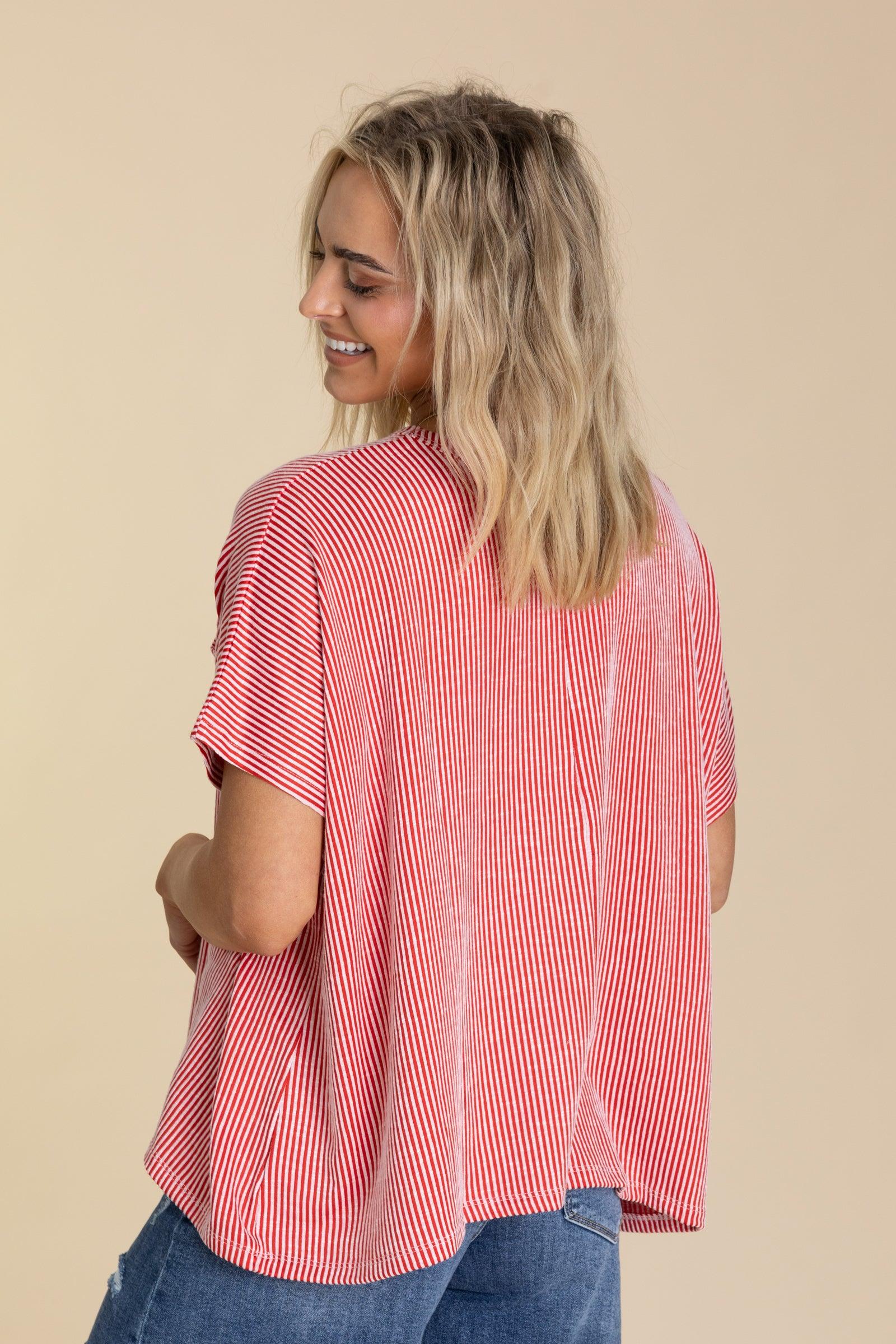 Ribbed Front Pocket Short Sleeve Knit Tops Product Image